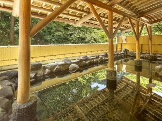 女性露天風呂。素肌成分メタケイ酸が通常の約３倍も含まれる柔らかいお湯です。お風呂上りのお肌ツルツルをぜひ実感してみてください。